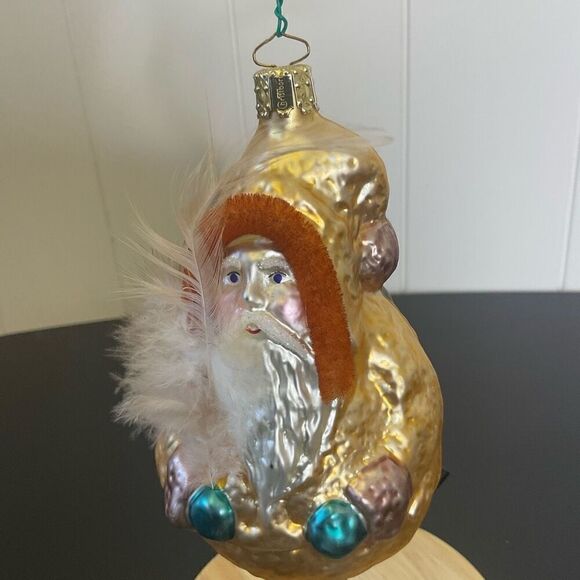 Vintage Old World Christmas Ornament Glass Santa with Feather Gold Red 5.5" - Picture 2 of 11